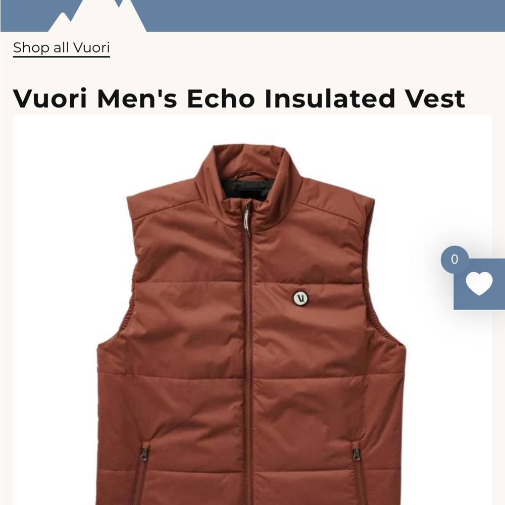 Vuori Echo Insulated vest, size Large in Cedar color